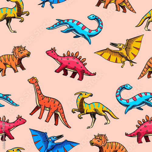 Cartoon jurassic dinosaurs seamless pattern for kids and boys clothing. sketchy Hand drawn illustrations, childish . Tyrannosaurus, pthylodatctyle, brontosaurus.