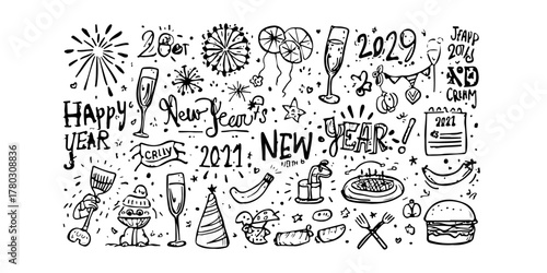 black color simple new year doodles element stock design. 2025 hand drawing of new year theme