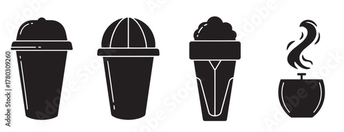 Collection of stylish coffee cups featuring diverse modern decorative patterns and designs for beverage enthusiasts. Collection of flat black drink icons featuring various beverage styles and contain.