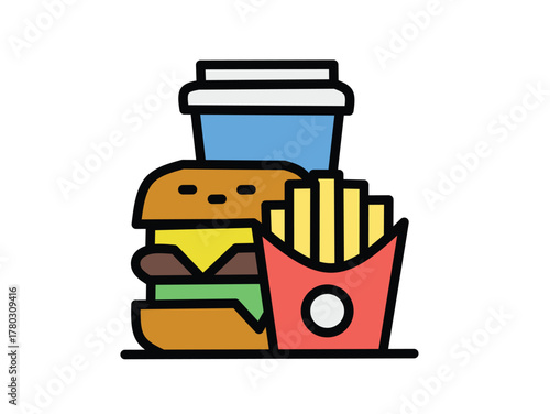 An appealing illustration showcasing a classic fast-food combo, featuring a juicy burger, crispy french fries, and a refreshing beverage, perfect for quick meal concepts and takeout advertisements