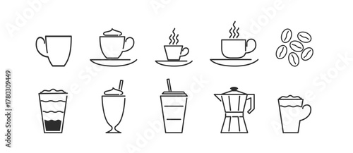 Coffee set with cups, coffee makers, grinders and beans. Coffee theme with different elements. Aesthetic hand drawn sketch illustration.