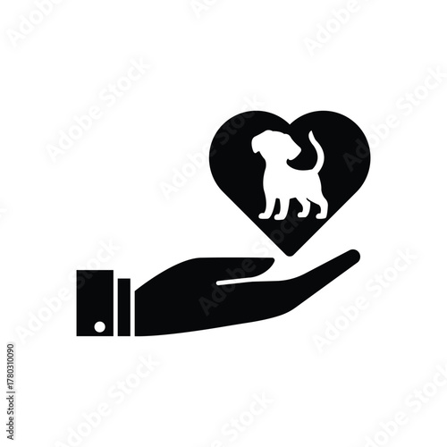 Pet adoption icon helping hand holding a dog