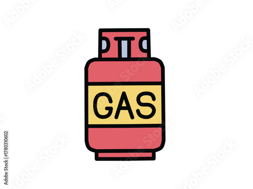 Vector illustration of a red gas cylinder with a yellow label. Propane tank symbol for flammable fuel and industrial energy supply
