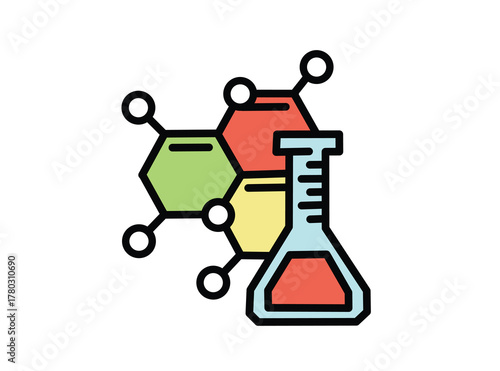 Scientific Discovery Chemistry Lab Beaker and Molecular Model Illustration