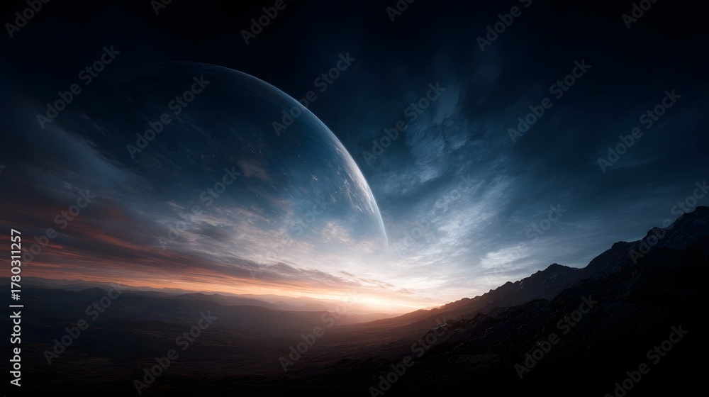 Fototapeta premium Dramatic twilight over a barren mountainous alien landscape with a large planet in the sky