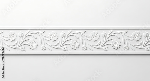 Elegant floral border design with detailed white relief on transparent background