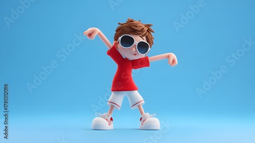 Cartoon Boy Dancing Joyfully in Sunglasses and Red T-Shirt