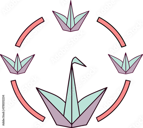 Paper craft crane, boat shapes in a decorative circular pattern