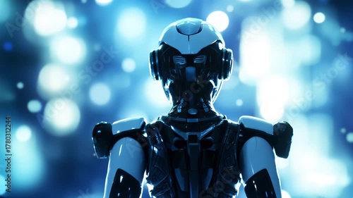 Futuristic robot standing in illuminated environment with blue lights, leaving away
