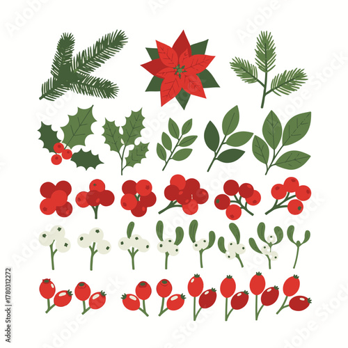 Winter Christmas hand drawn plants set featuring festive botanical elements. Holiday decor including branches, flowers, berries, and leaves.