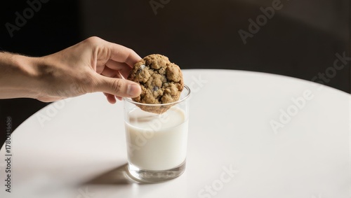 Hand dipping a chocolate chip cookie into a glass of milk on a white table.