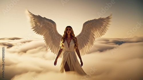 Serene Angelic Woman With White Wings Floating Among Golden Clouds At Sunrise