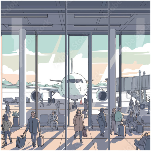 People waiting and walking in a busy airport terminal with a commercial airplane visible through large windows.