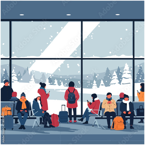 People waiting inside a building with large windows overlooking a snowy winter landscape.