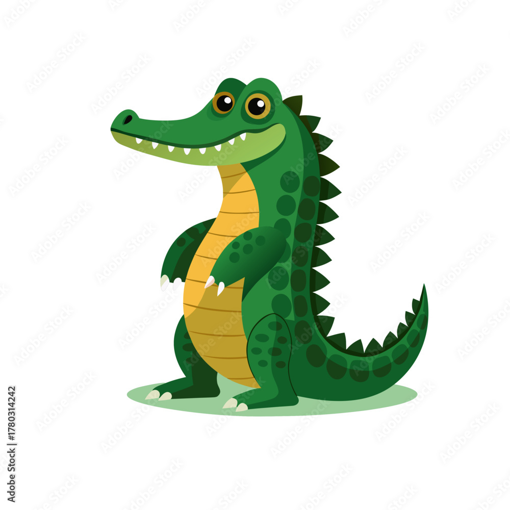 Fototapeta premium Friendly cartoon alligator with big eyes and a wide smile standing on green grass