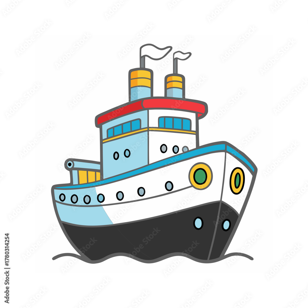 Obraz premium A cheerful cartoon cruise ship with red trim sailing on gentle waves