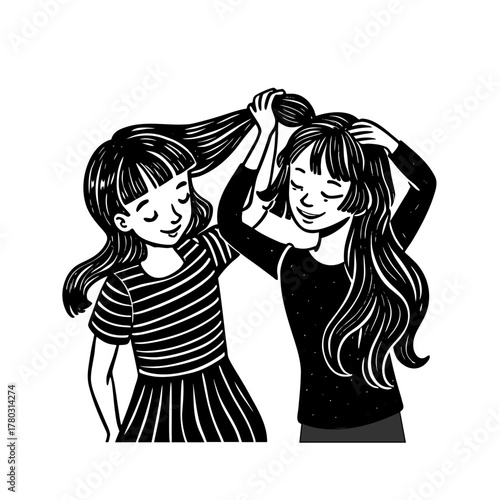 Two young girls with long hair happily braiding each other s hair in a black and white illustration