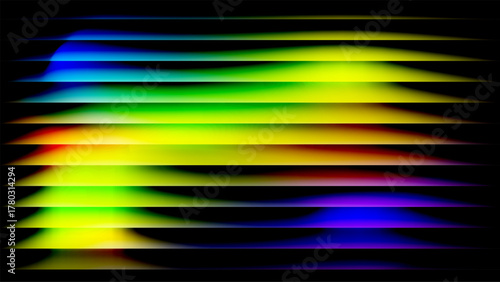  Wavy reeded glass stripes background, horizontal rainbow gradient lines with neon glow and soft motion blur on black—abstract modern wallpaper for tech banners headers posters and presentations
