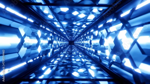 Futuristic Blue Neon Hexagon Tunnel Journey with Dynamic Light Effects and Endless Motion