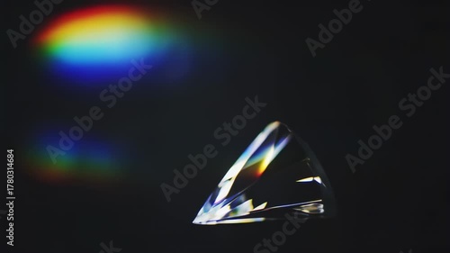 Rotating Crystal Prism Refracting Light, Casting Vibrant Rainbow Spectrum and Shimmering Facets on Dark