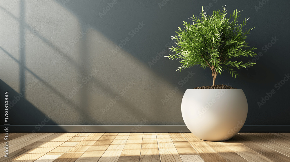 Fototapeta premium Modern indoor plant in white pot with sunlight and shadow on wooden floor. Copy space