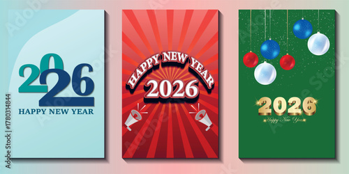 3 Type of flyer set for Happy New Year 2026,  New year promotion or invitation template, decorative flyer for new year celebration, new year business or sale banner, vector art illustration