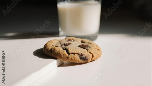 Chocolate Chip Cookie and Glass of Milk on White Surface.