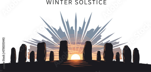 Winter Solstice illustration with Stonehenge silhouette and radiant sunrise