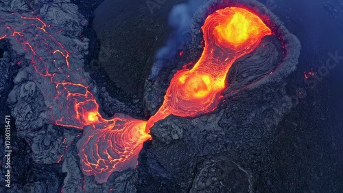 Aerial View of Molten Lava Flowing from Volcano