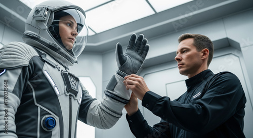 Man assisting a female astronaut with her space suit and glove preparation for a mission