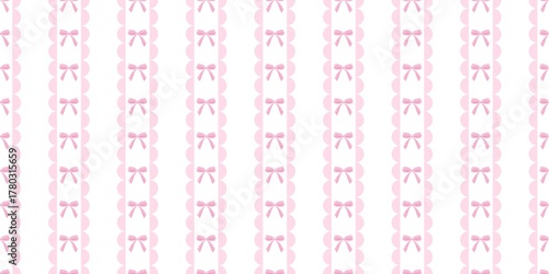 Pink coquette ribbon stripe pattern background. Cute pastel bow stripe background. Seamless pattern with pink ribbons for girly and coquette aesthetic design.