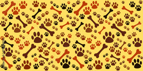 Yellow Background with dog paw print and bone. Good for textile fabric design, wrapping paper, website wallpapers, textile, wallpaper. seamless pattern of dog treats, packaging vector Illustration