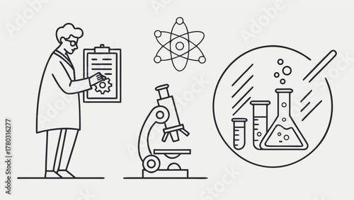 Minimalist science research outline icons set with editable stroke, featuring thin linear illustrations of laboratory equipment, experiments, scientists, molecules, test tubes, microscopes, and chemic