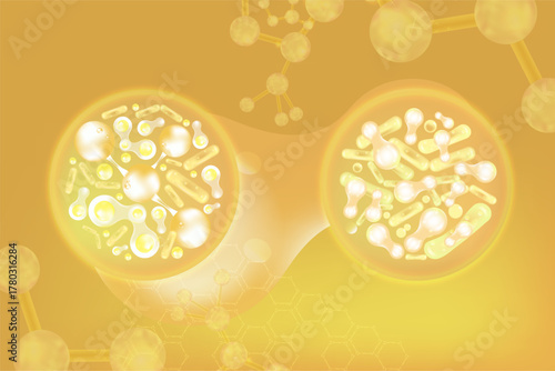 Probiotic and Hyaluronic acid skin solutions ad, gold collagen, and vitamin serum drops with cosmetic advertising background ready to use illustration vector.