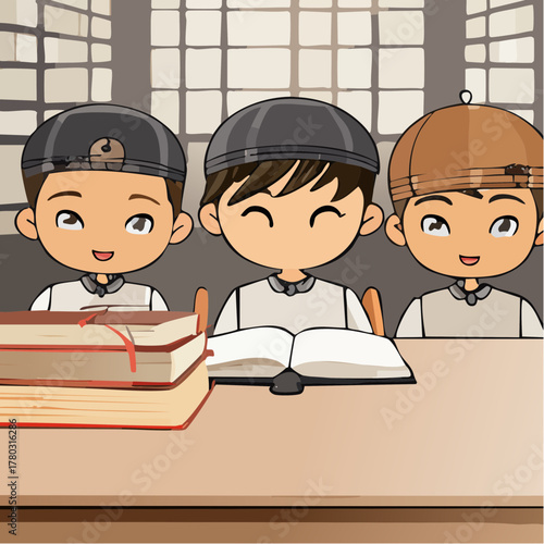 Three cartoon boys sitting at a desk with books in a classroom setting.