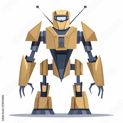 A gold and gray robot standing on a white background with a futuristic design and metallic limbs.
