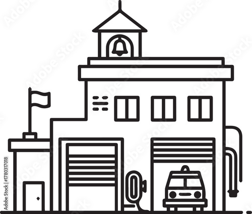Classic fire station facade with vintage truck, ready for emergency response, perfect for community safety campaigns or civic education materials in scalable vector format