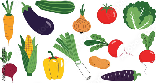 Collection of colorful hand drawn fresh delicious vegetables isolated on white background. Bundle of healthy and tasty vegan products, wholesome vegetarian food.