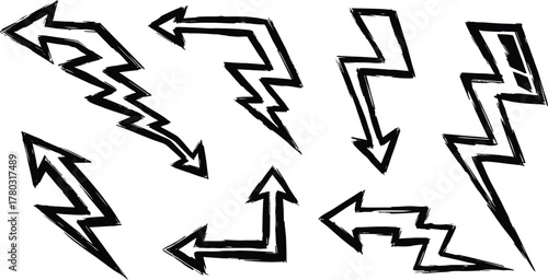 Lightning bolt flash icon set. Energy power charge sign. Thunder strike electricity symbol. Thunderbolt pictogram. Powerful electrical discharge hitting from side to side.