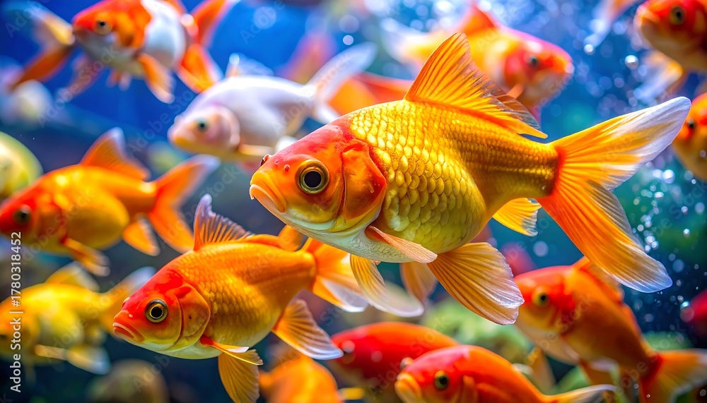 Naklejka premium Group of vibrant goldfish swimming in blue water; one very close up