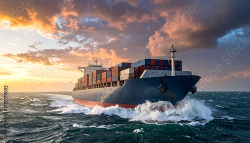 A large cargo vessel traverses ocean waves beneath a dramatic sunset sky. The ship is loaded with containers