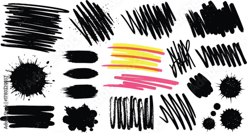 Hand drawn charcoal pencil lines, smears and squiggles set. Scribble black strokes, curly scribbles. Grungy graphite pen art brushes, textured doodle