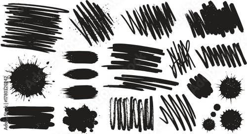 Hand drawn charcoal pencil lines, smears and squiggles set. Scribble black strokes, curly scribbles. Grungy graphite pen art brushes, textured doodle