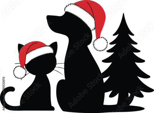 Christmas Pet Silhouette – Cat and Dog with Santa Hats Holiday Design