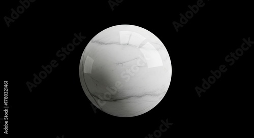 A highgloss white marble sphere with grey veining floats against a solid black backdrop