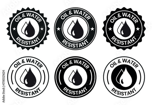 Oil and Water Resistant Logo Badge – Vector Icon for Business Information and Product Labels. Oil and Water Resistant icon, sticker, label, emblem, stamp, symbol, black, line, flat vector.