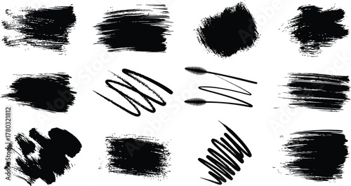 Hand drawn charcoal pencil lines, smears and squiggles set. Scribble black strokes, curly scribbles. Grungy graphite pen art brushes, textured doodle