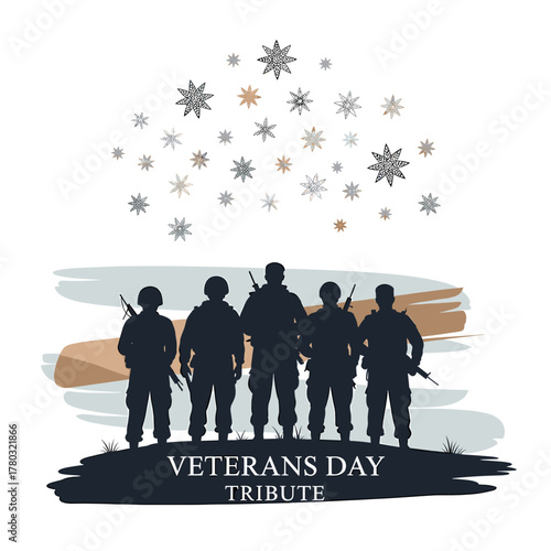 Silhouette of soldiers honoring Veterans Day with celebration background  