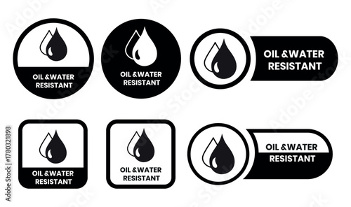 Oil and Water Resistant Logo Badge – Vector Icon for Business Information and Product Labels. Oil and Water Resistant icon, sticker, label, emblem, stamp, symbol, black, line, flat vector.