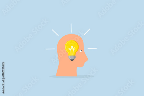 Wisdom, human head featuring glowing lightbulb symbolizing knowledge and learning.